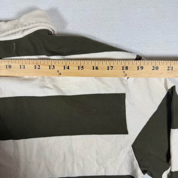RSQ Mens Long Sleeve Rugby Shirt Olive Green Cream Striped Cotton Polo Large - Picture 8 of 9
